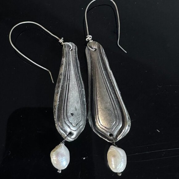 Genuine Pearls Antique Sterling Silver 925 Earrings Drop Dangle Repousse - Picture 4 of 9